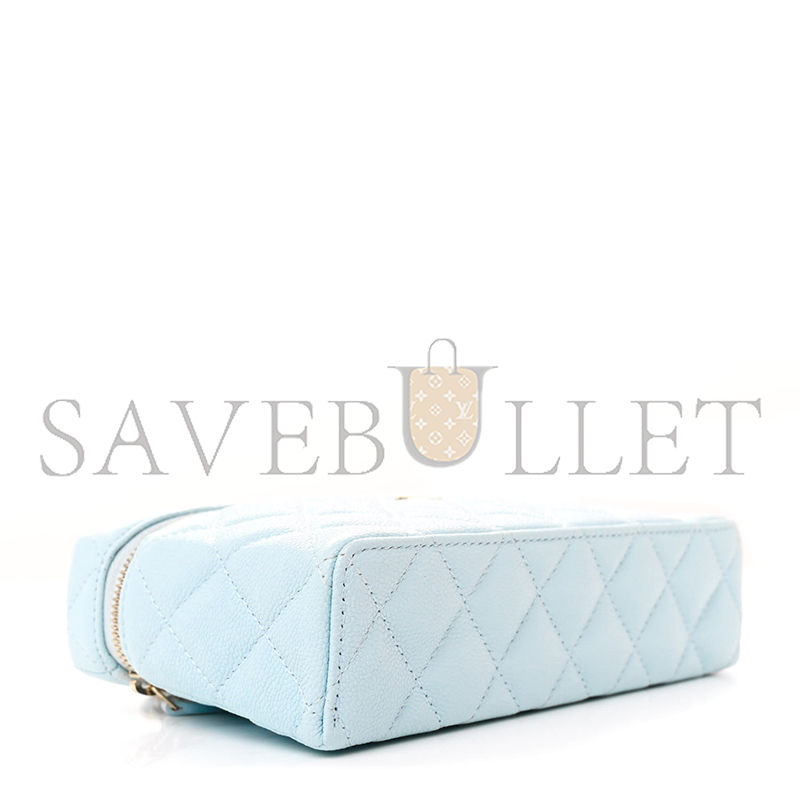 CHANEL CC TOP HANDLE LONG VANITY CASE WITH CHAIN SHINY CAVIAR LIGHT GOLD HARDWARE LIGHT BLUE AP4385 B10583 (19.5*17*5cm)